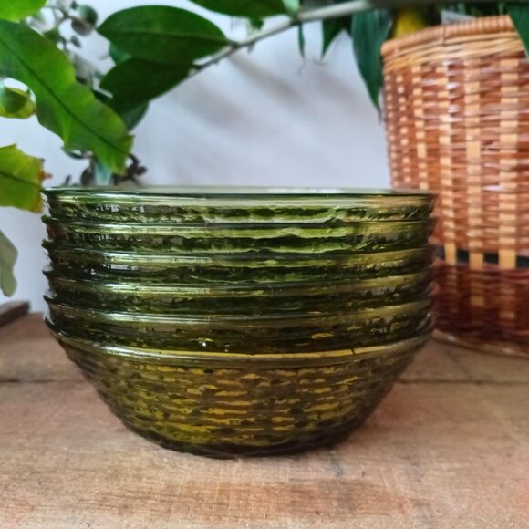 (Set - 6) Vintage Mid-Century Avocado Green Glass Bowls "Soreno" Anchor Hocking - Picture 3 of 9